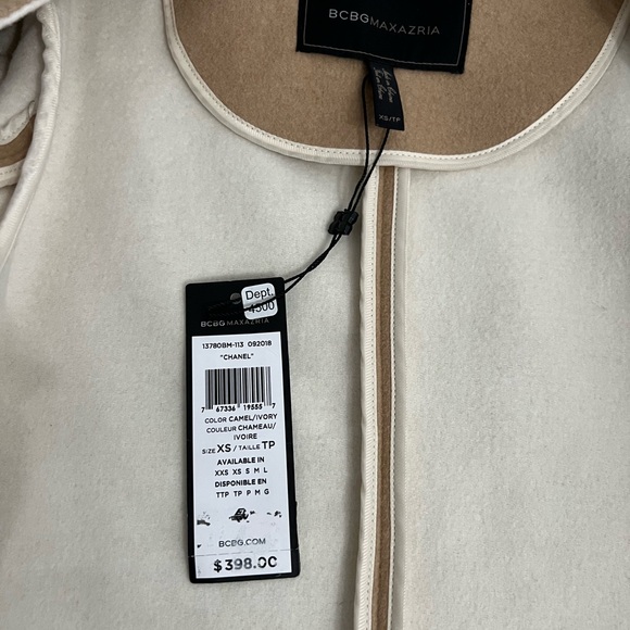 NWT BCBGMAXAZRIA Heather Camel & Cream Chanel-Belted Wrap Coat - Picture 8 of 8